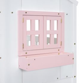 Twin over Twin House Bunk Bed with Roof , Window, Door , Safety Guardrails and Ladder