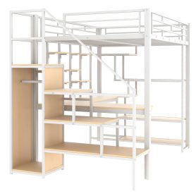 Full Size Metal Loft Bed with Storage Staircase and Small Wardrobe, Built-in Desk and Storage Shelves