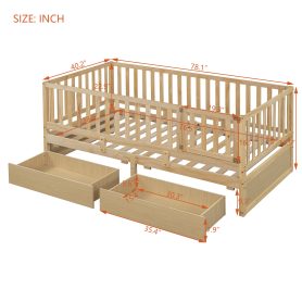 Twin Size Wood Daybed with Fence Guardrails and 2 Drawers, Split into Independent Floor Bed & Daybed