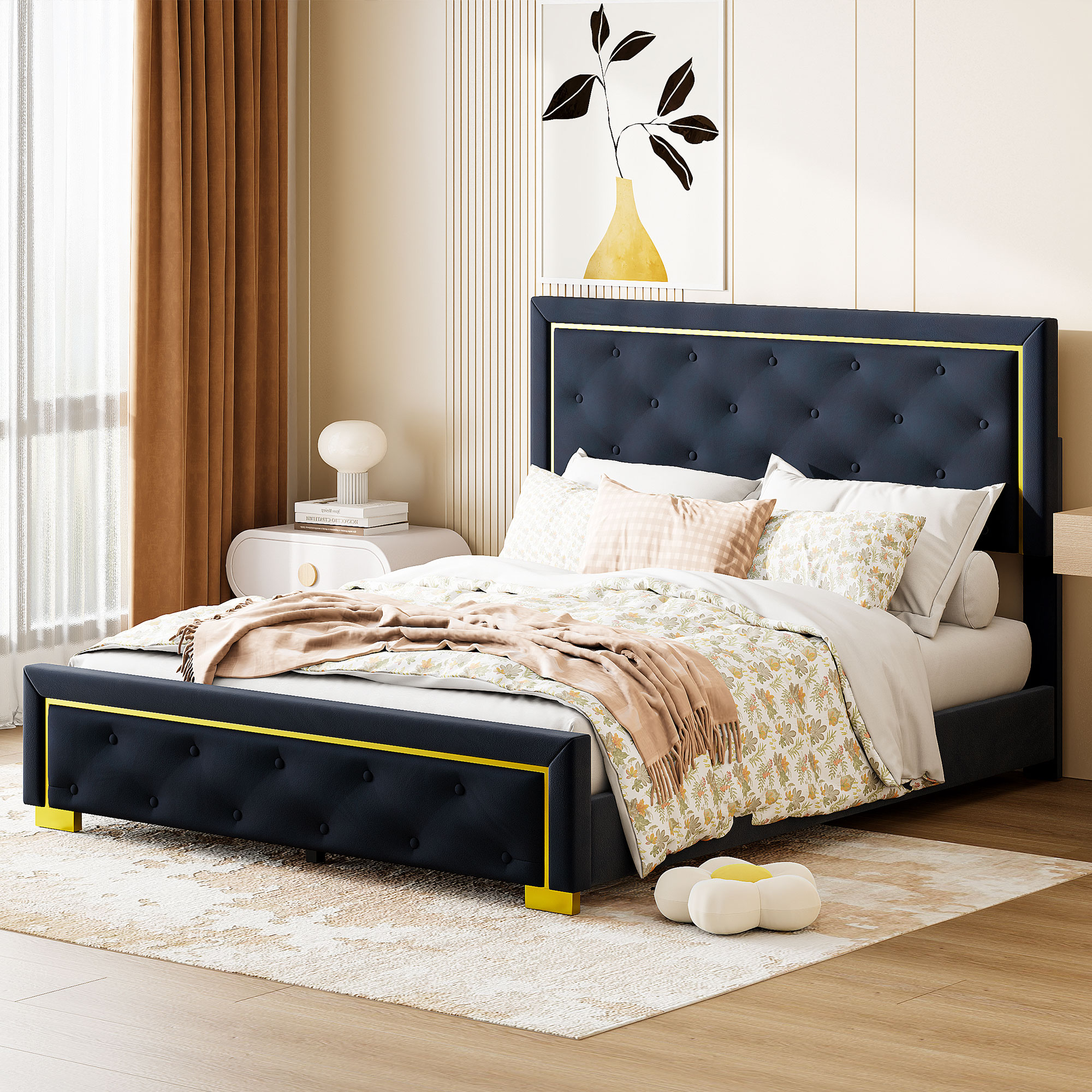 Queen Size Upholstered Platform Bed With Pull Point Headboard And Metal Wire Frame