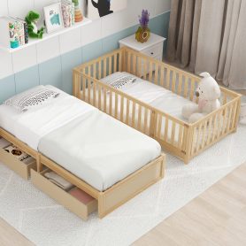 Twin Size Wood Daybed with Fence Guardrails and 2 Drawers, Split into Independent Floor Bed & Daybed