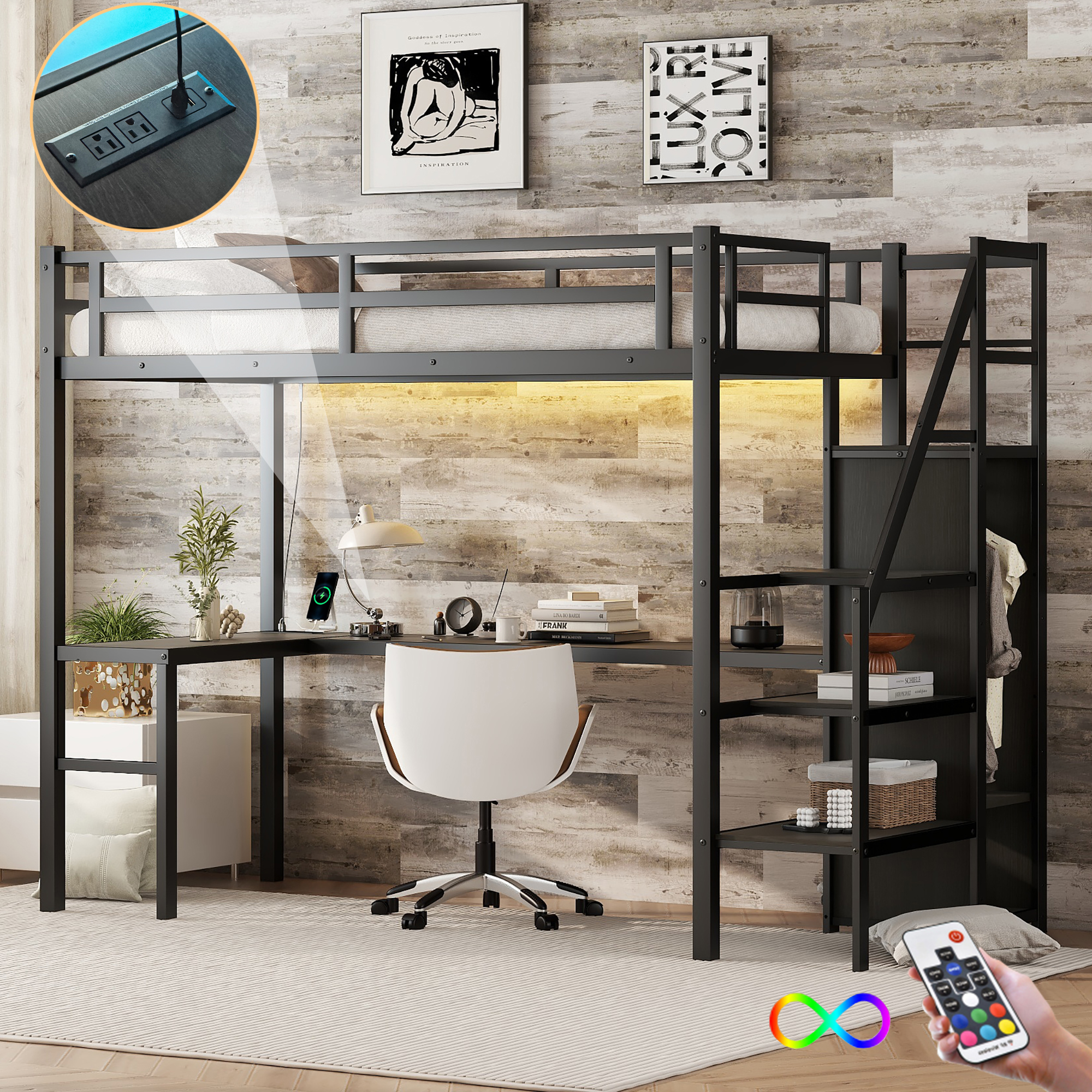 Twin XL Size Metal Loft Bed with L-Shaped Desk and USB, Wardrobe and Adjustable Shelf