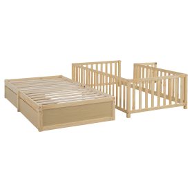 Twin Size Wood Daybed with Fence Guardrails and 2 Drawers, Split into Independent Floor Bed & Daybed