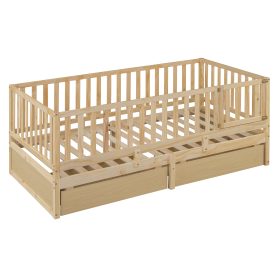 Twin Size Wood Daybed with Fence Guardrails and 2 Drawers, Split into Independent Floor Bed & Daybed