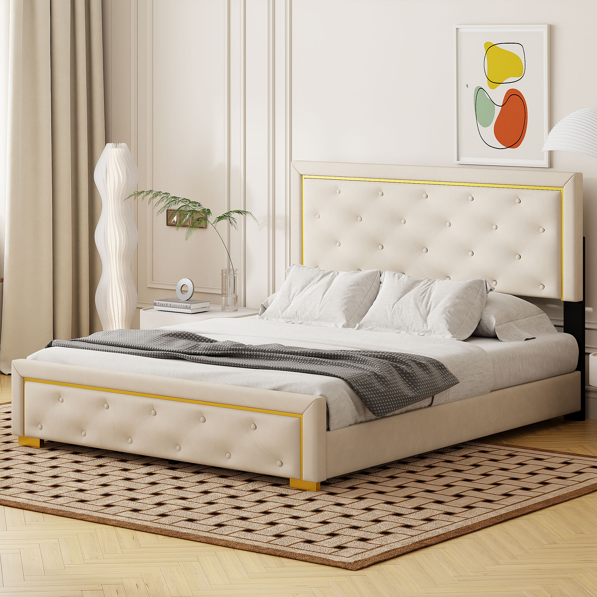 Queen Size Upholstered Platform Bed With Pull Point Headboard And Metal Wire Frame