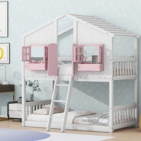 Twin over Twin House Bunk Bed with Roof , Window, Door , Safety Guardrails and Ladder