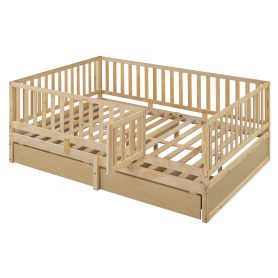 Full Size Wood Daybed with Fence Guardrails and 2 Drawers, Split into Independent Floor Bed & Daybed