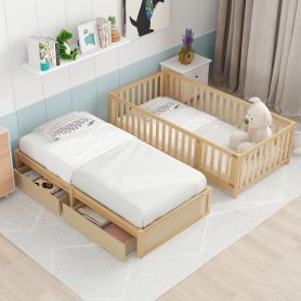 Twin Size Wood Daybed with Fence Guardrails and 2 Drawers, Split into Independent Floor Bed & Daybed