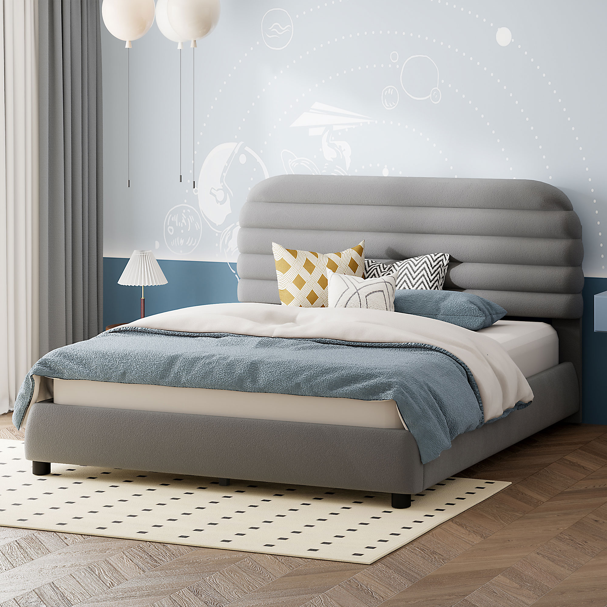 Queen Size Velvet Upholstered Platform Bed,Solid Frame and Stylish Curve-shaped Design