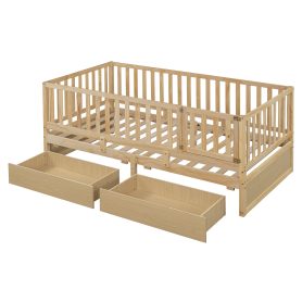 Twin Size Wood Daybed with Fence Guardrails and 2 Drawers, Split into Independent Floor Bed & Daybed