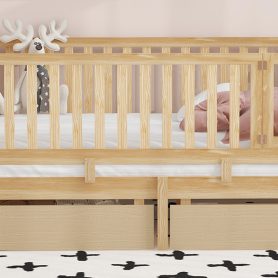 Full Size Wood Daybed with Fence Guardrails and 2 Drawers, Split into Independent Floor Bed & Daybed