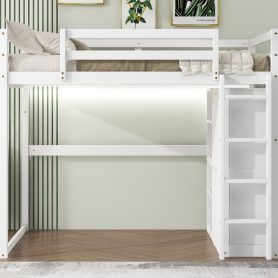 Wood Full Size Loft Bed With Built-in Wardrobe And Storage Shelves, Led Light
