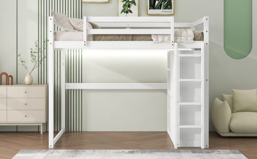 Wood Full Size Loft Bed With Built-in Wardrobe And Storage Shelves, Led Light