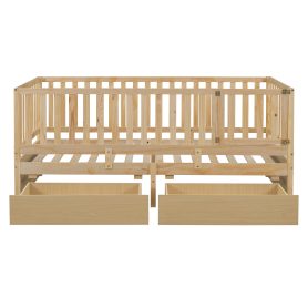 Twin Size Wood Daybed with Fence Guardrails and 2 Drawers, Split into Independent Floor Bed & Daybed