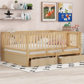 Full Size Wood Daybed with Fence Guardrails and 2 Drawers, Split into Independent Floor Bed & Daybed