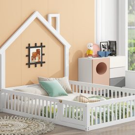 Wood Full Size House Platform Bed With Guardrail