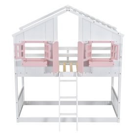 Twin over Twin House Bunk Bed with Roof , Window, Door , Safety Guardrails and Ladder