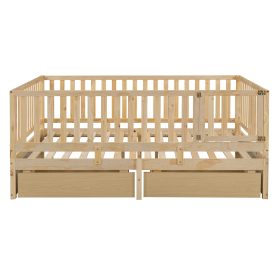 Full Size Wood Daybed with Fence Guardrails and 2 Drawers, Split into Independent Floor Bed & Daybed