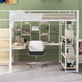 Full Size Metal Loft Bed with Storage Staircase and Small Wardrobe, Built-in Desk and Storage Shelves