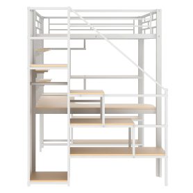 Full Size Metal Loft Bed with Storage Staircase and Small Wardrobe, Built-in Desk and Storage Shelves