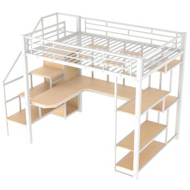 Full Size Metal Loft Bed with Storage Staircase and Small Wardrobe, Built-in Desk and Storage Shelves