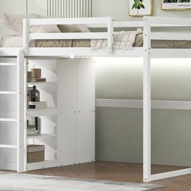 Wood Full Size Loft Bed With Built-in Wardrobe And Storage Shelves, Led Light