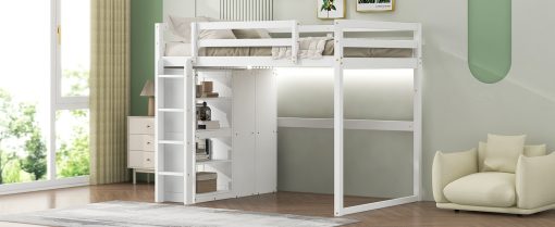 Wood Full Size Loft Bed With Built-in Wardrobe And Storage Shelves, Led Light