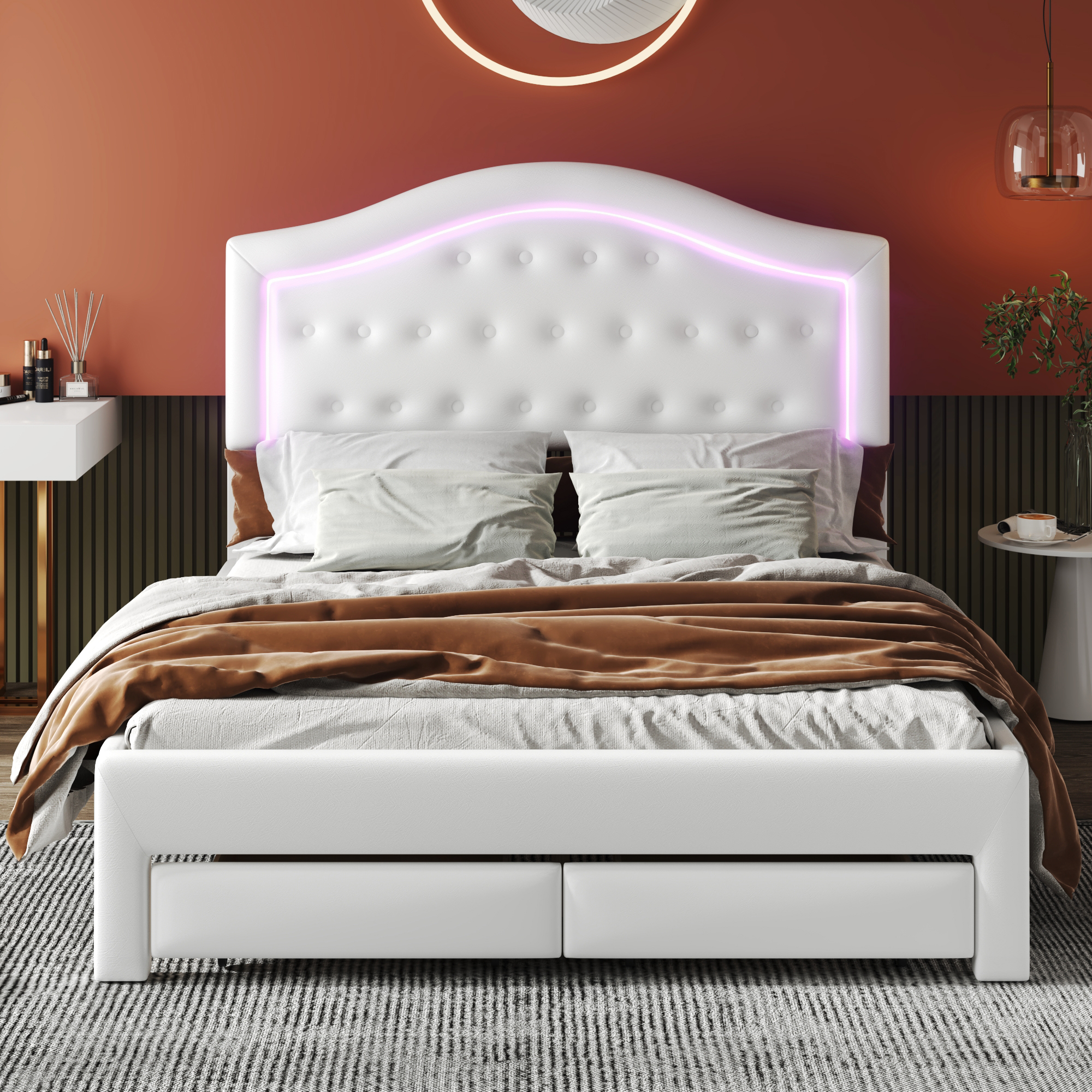 Queen Size Upholstered Platform Bed with Tufted Headboard, LED and 2 Drawers