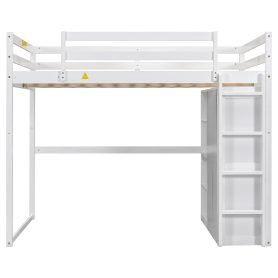 Wood Full Size Loft Bed With Built-in Wardrobe And Storage Shelves, Led Light