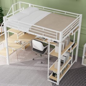 Full Size Metal Loft Bed with Storage Staircase and Small Wardrobe, Built-in Desk and Storage Shelves
