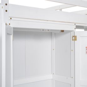 Wood Full Size Loft Bed With Built-in Wardrobe And Storage Shelves, Led Light