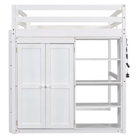 Wood Full Size Loft Bed With Built-in Wardrobe And Storage Shelves, Led Light