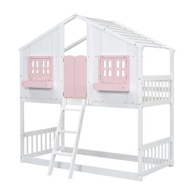 Twin over Twin House Bunk Bed with Roof , Window, Door , Safety Guardrails and Ladder