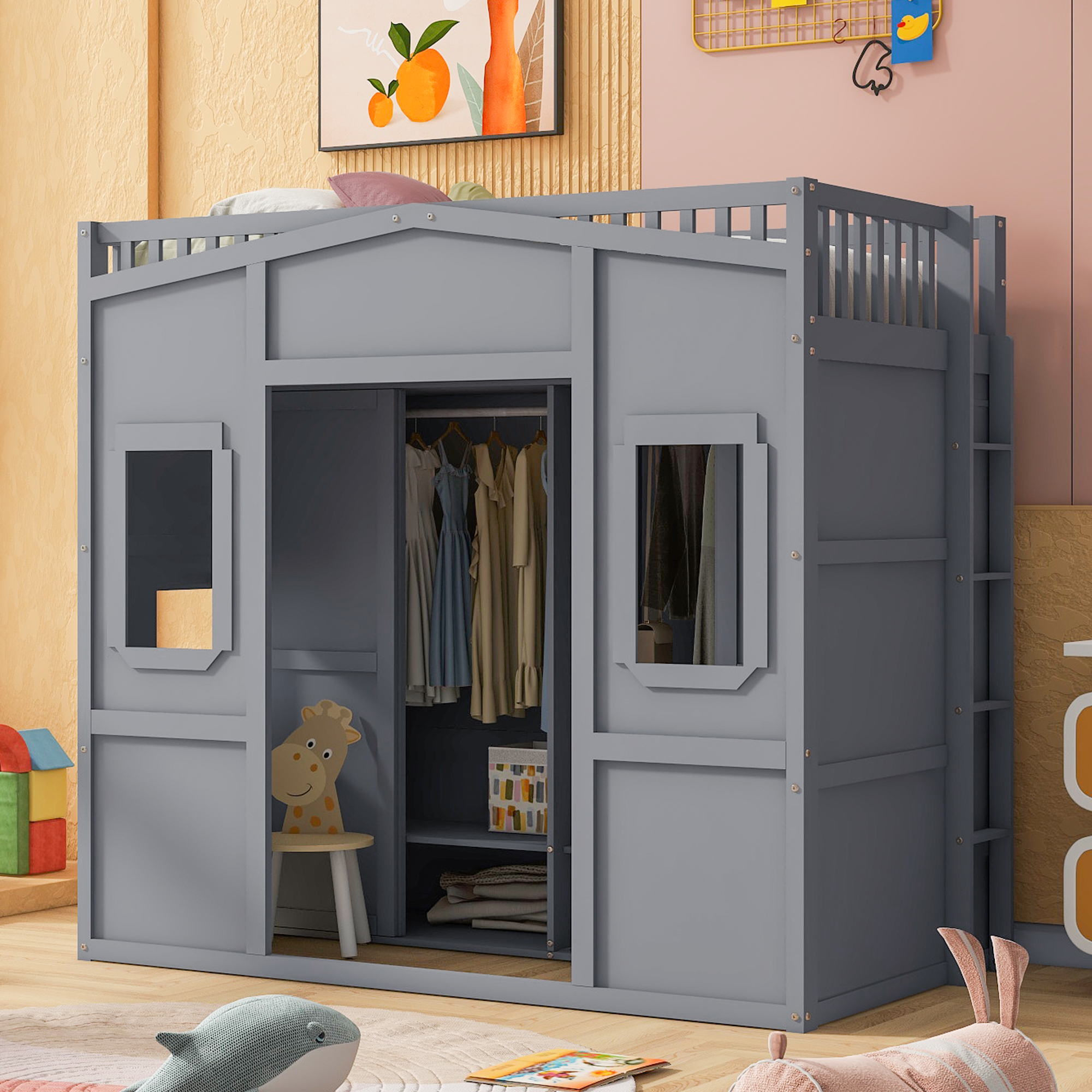 Twin Size House Loft Bed With Ladder and Wardrobe