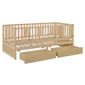 Twin Size Wood Daybed with Fence Guardrails and 2 Drawers, Split into Independent Floor Bed & Daybed