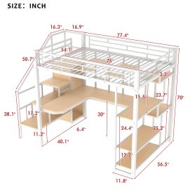 Full Size Metal Loft Bed with Storage Staircase and Small Wardrobe, Built-in Desk and Storage Shelves