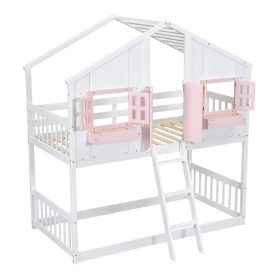 Twin over Twin House Bunk Bed with Roof , Window, Door , Safety Guardrails and Ladder
