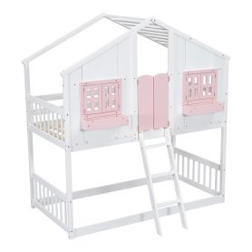 Twin over Twin House Bunk Bed with Roof , Window, Door , Safety Guardrails and Ladder