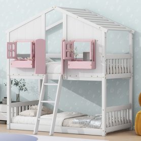 Twin over Twin House Bunk Bed with Roof , Window, Door , Safety Guardrails and Ladder