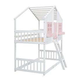 Twin over Twin House Bunk Bed with Roof , Window, Door , Safety Guardrails and Ladder