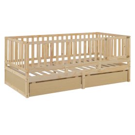 Twin Size Wood Daybed with Fence Guardrails and 2 Drawers, Split into Independent Floor Bed & Daybed