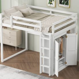 Wood Full Size Loft Bed With Built-in Wardrobe And Storage Shelves, Led Light
