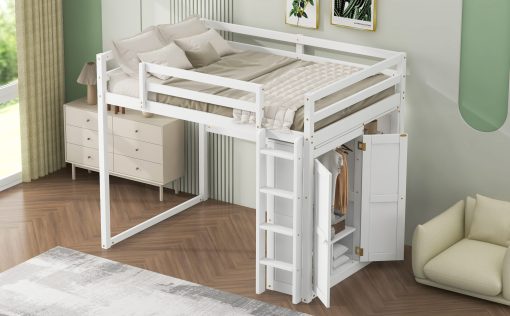 Wood Full Size Loft Bed With Built-in Wardrobe And Storage Shelves, Led Light