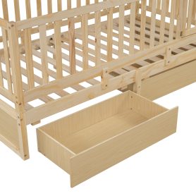 Twin Size Wood Daybed with Fence Guardrails and 2 Drawers, Split into Independent Floor Bed & Daybed