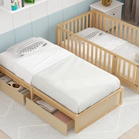 Twin Size Wood Daybed with Fence Guardrails and 2 Drawers, Split into Independent Floor Bed & Daybed