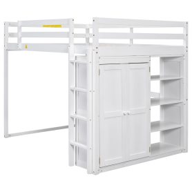 Wood Full Size Loft Bed With Built-in Wardrobe And Storage Shelves, Led Light