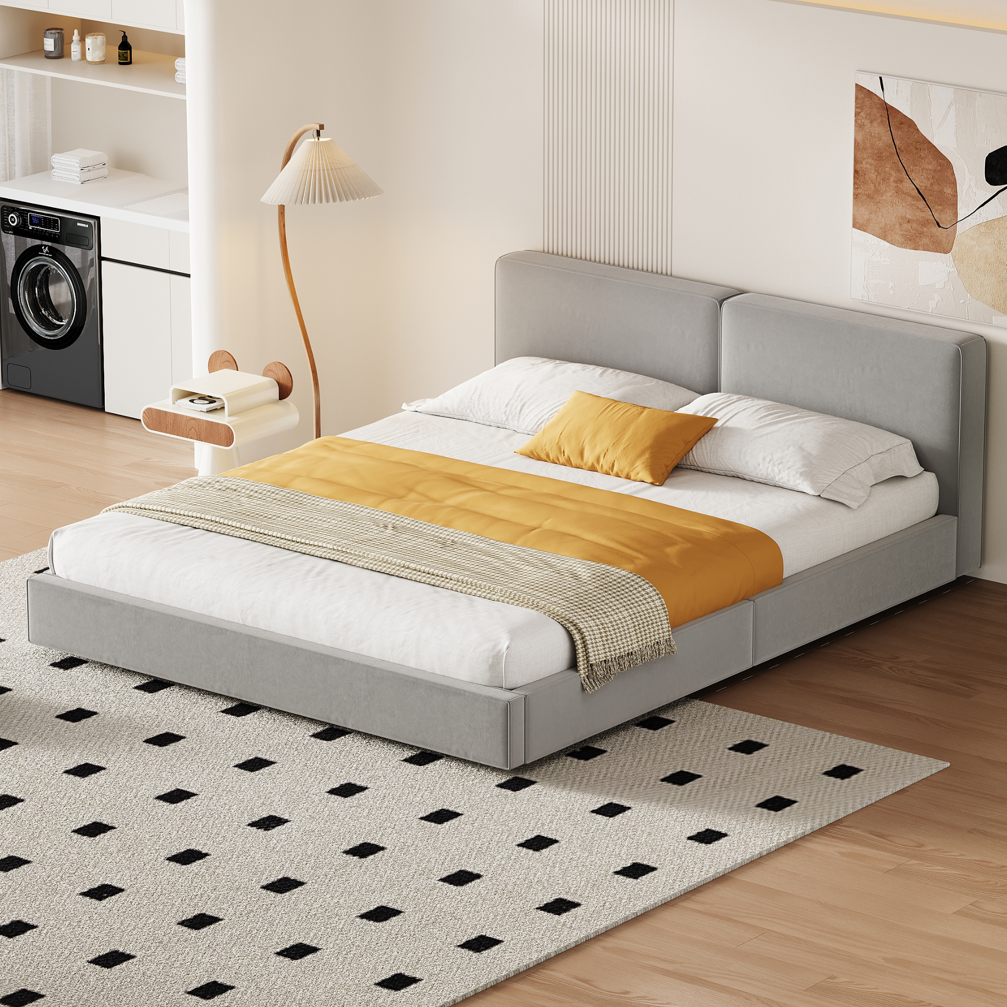 Queen Size Upholstered Grounded Bed with Velvet Fabric