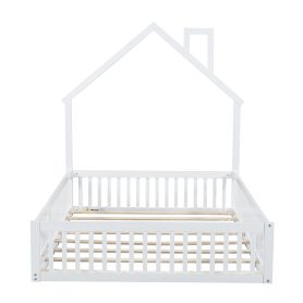 Wood Full Size House Platform Bed With Guardrail