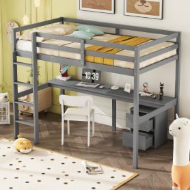Twin Loft Wood Bed with Under-bed, Built-in Desk, a Storage Cabinet of 2 Drawers, Guardrails, Ladder