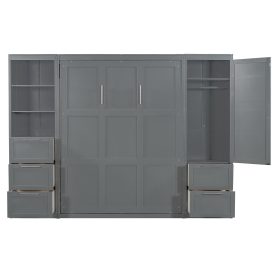 Queen Size Murphy Bed Wall Bed with Closet, Drawers and Shelves